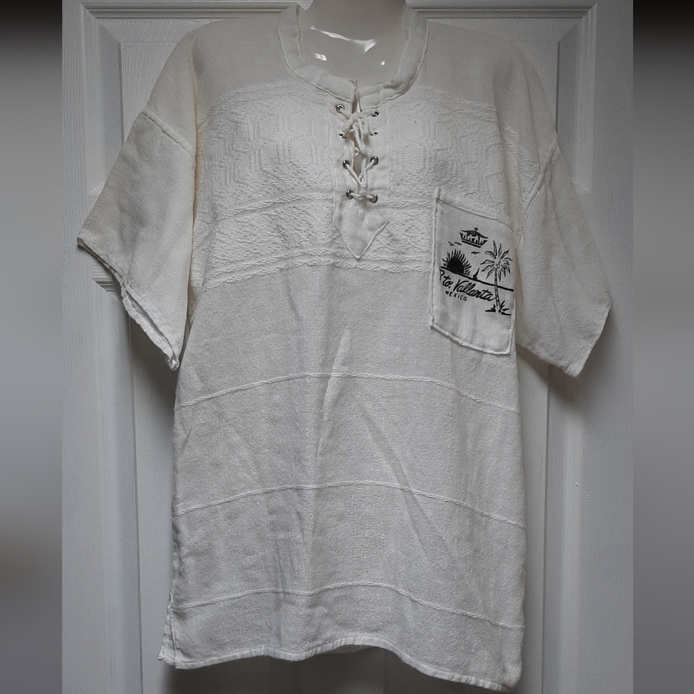 Men's Casual Beach Lightweight Baggy Short Sleeve Cabana Lace Top Size M